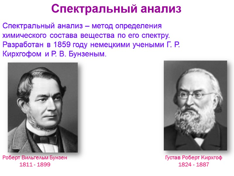 Густав Роберт Кирхгоф 1824 - 1887 Роберт Вильгельм Бунзен 1811 - 1899 Спектральный анализ